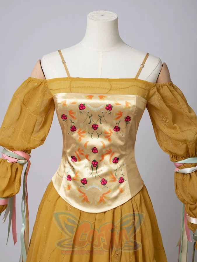 Star Wars Padme Amidala cosplay corset detail centers rose embroidery above the gathered yellow skirt.