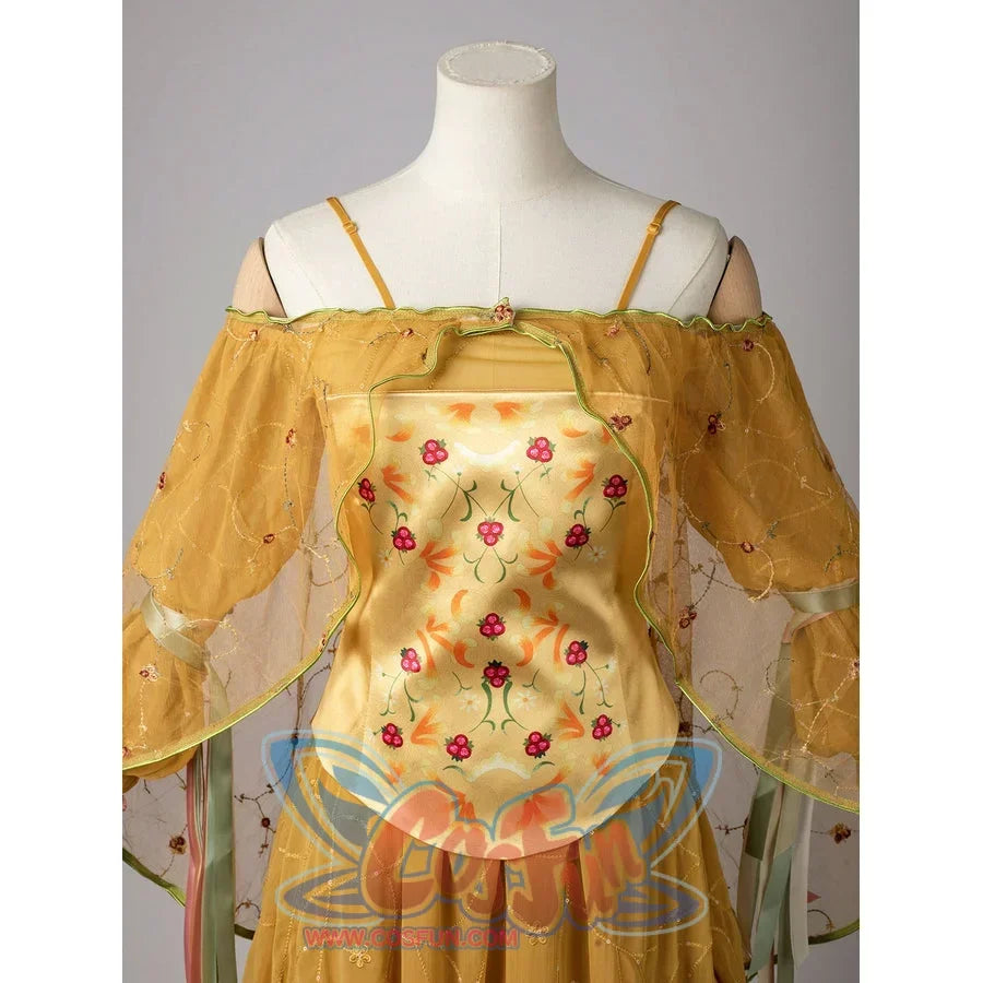 Padmé Amidala cosplay costume upper-body view with a floral satin corset and sheer embroidered sleeves.