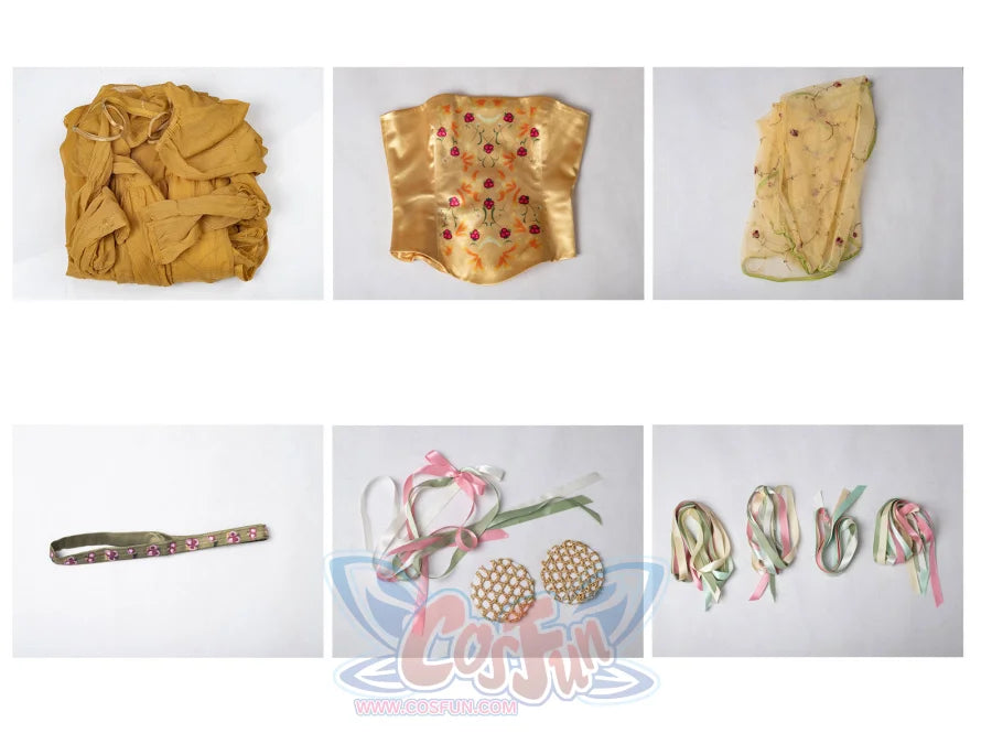 Star Wars Padme Amidala cosplay full set flat lay gathers dress pieces, corset, headband and ribbons.