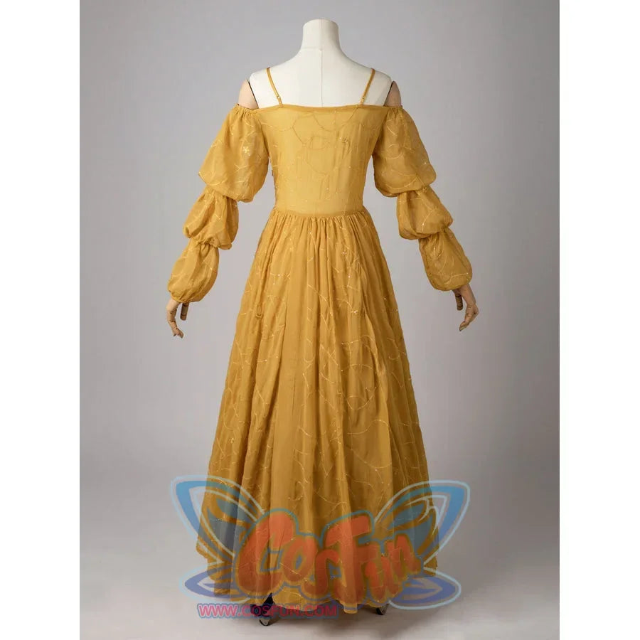 Padmé Amidala cosplay golden dress back view with puff sleeves above a gathered full-length skirt.