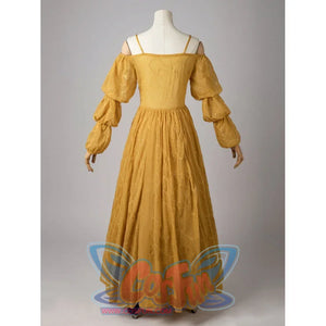 Padmé Amidala cosplay golden dress back view with puff sleeves above a gathered full-length skirt.