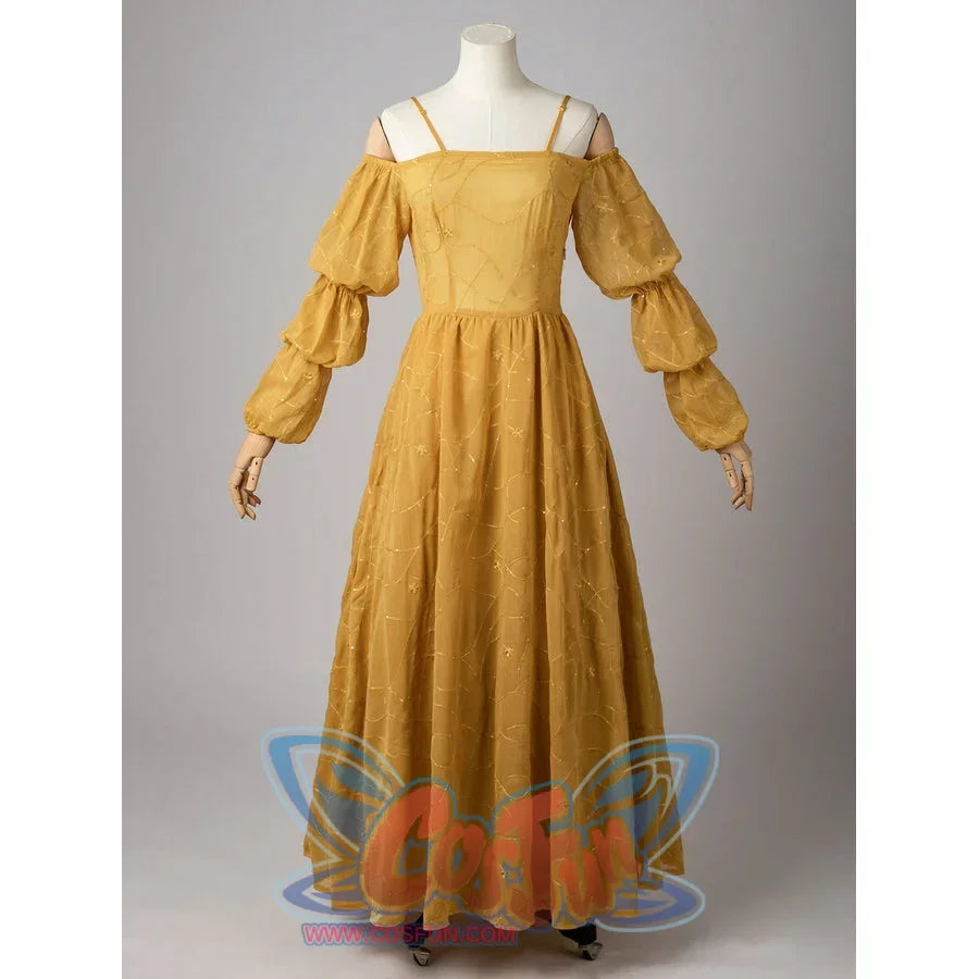 Padmé Amidala cosplay golden dress front view with tiered puff sleeves and a gathered full-length skirt.