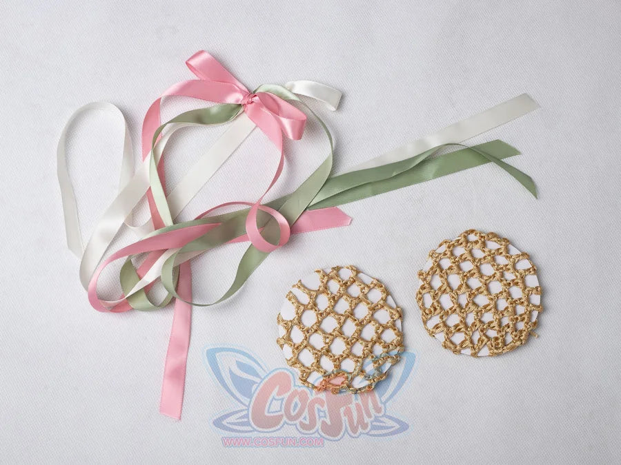 Star Wars Padme Amidala cosplay hair accessories pair pastel ribbons beside gold-tone round caps.