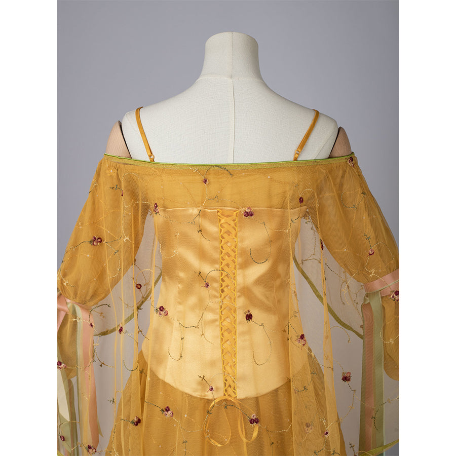 Star Wars Padme Amidala cosplay back detail layers sheer floral sleeves over a gold lace-up corset.