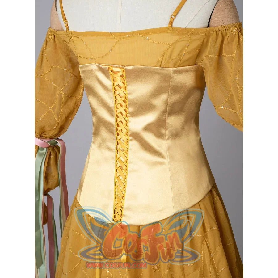 Padmé Amidala cosplay corset back detail with golden satin panels and lace-up ribbon.