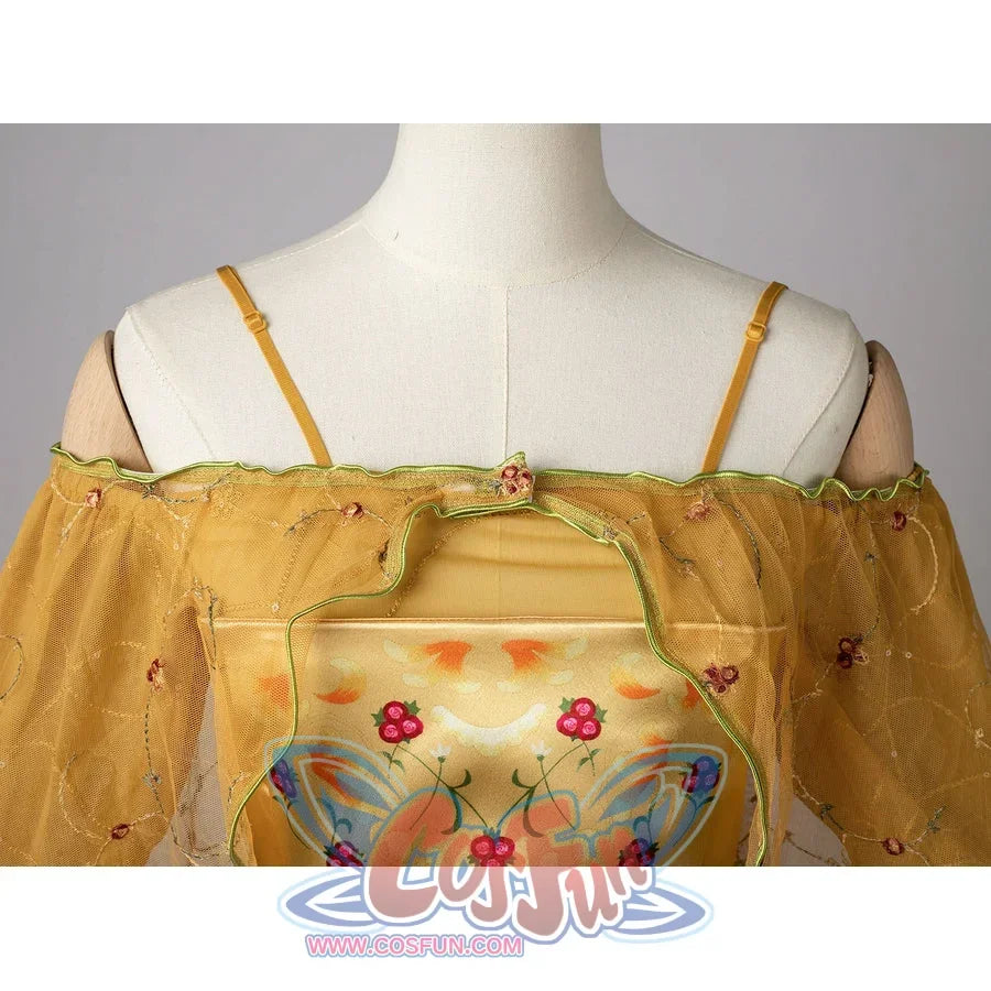Padmé Amidala cosplay dress neckline detail with slim straps and green-edged sheer fabric.