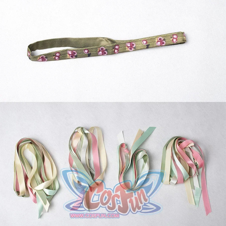 Padmé Amidala cosplay ribbon accessories flat lay with a floral headband above coordinated ribbon sets.