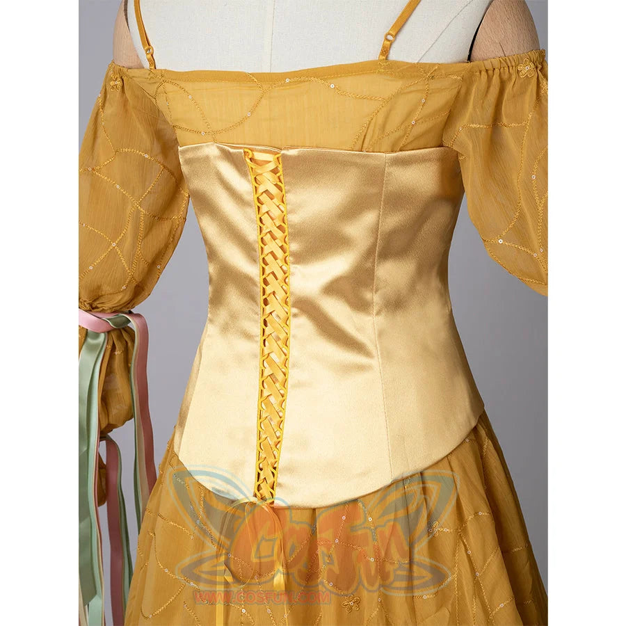 Star Wars Padme Amidala cosplay lace-up back detail centers yellow ribbon over satin corset panels.