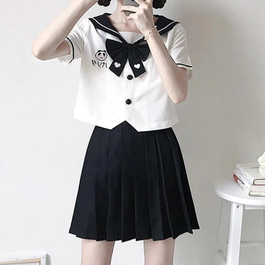 Panda Embroidered School Uniform White&amp;black / S