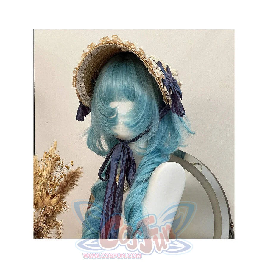 Side view of peacock teal blue lolita wig in medium-length wavy bob style, accessorized with a straw hat with lace trim and navy blue ribbon, displayed on a white mannequin bust