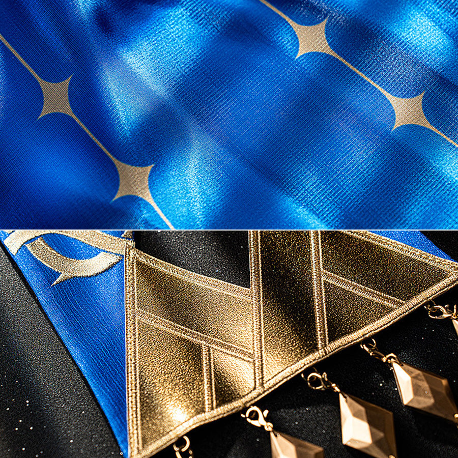 Wuthering Waves Phoebe cosplay fabric detail contrasts star-patterned blue satin with a gold-tone geometric ornament