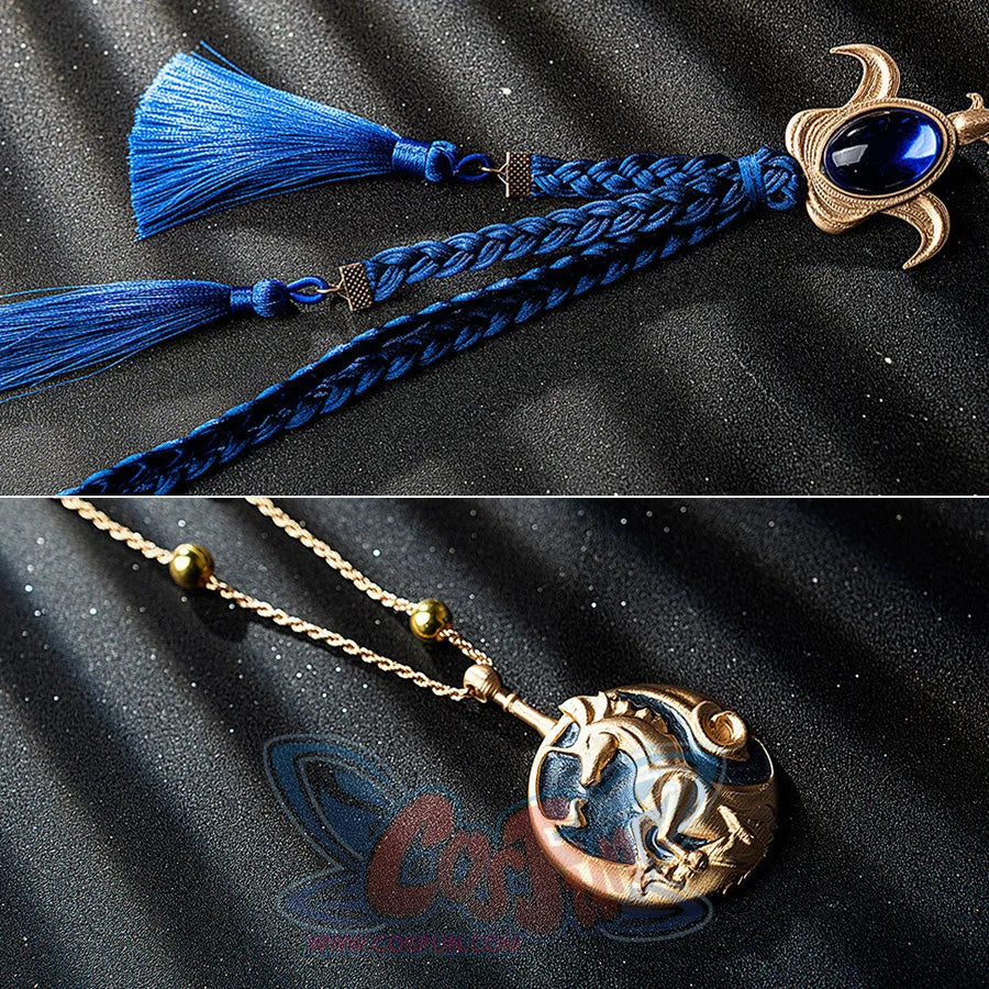 Wuthering Waves Phoebe cosplay pendant detail links blue braided tassels to a gold-tone charm with a gem-like blue accent