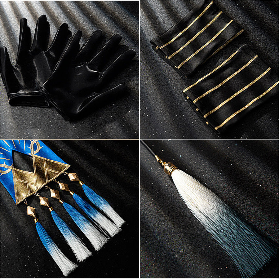 Wuthering Waves Phoebe cosplay accessory set pairs black gloves and striped cuffs beside blue ombre tassels