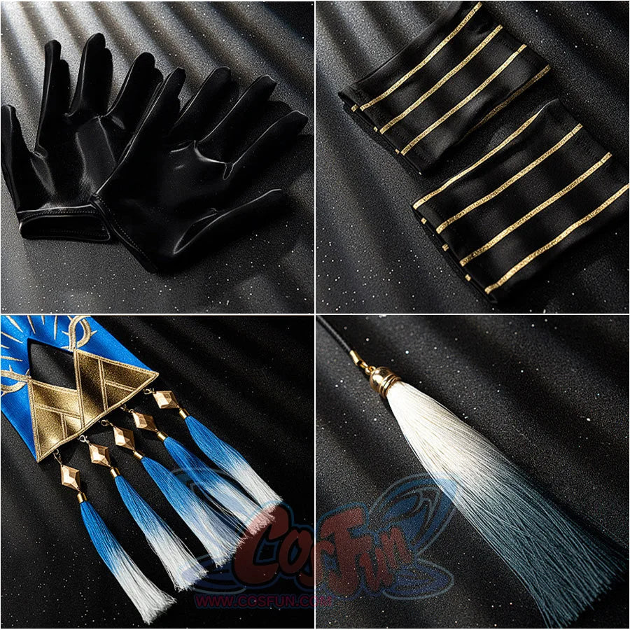 Wuthering Waves Phoebe cosplay accessory set pairs black gloves and striped cuffs beside blue ombre tassels