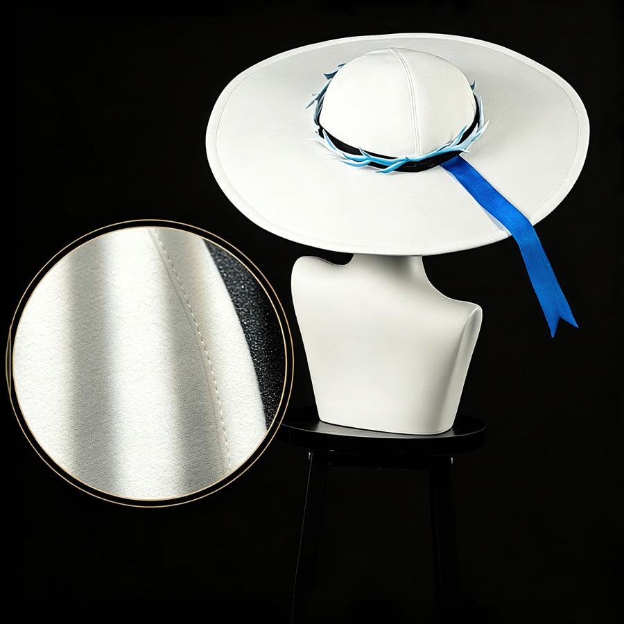 Wuthering Waves Phoebe cosplay hat detail pairs a white brim with a blue ribbon and collar piece.