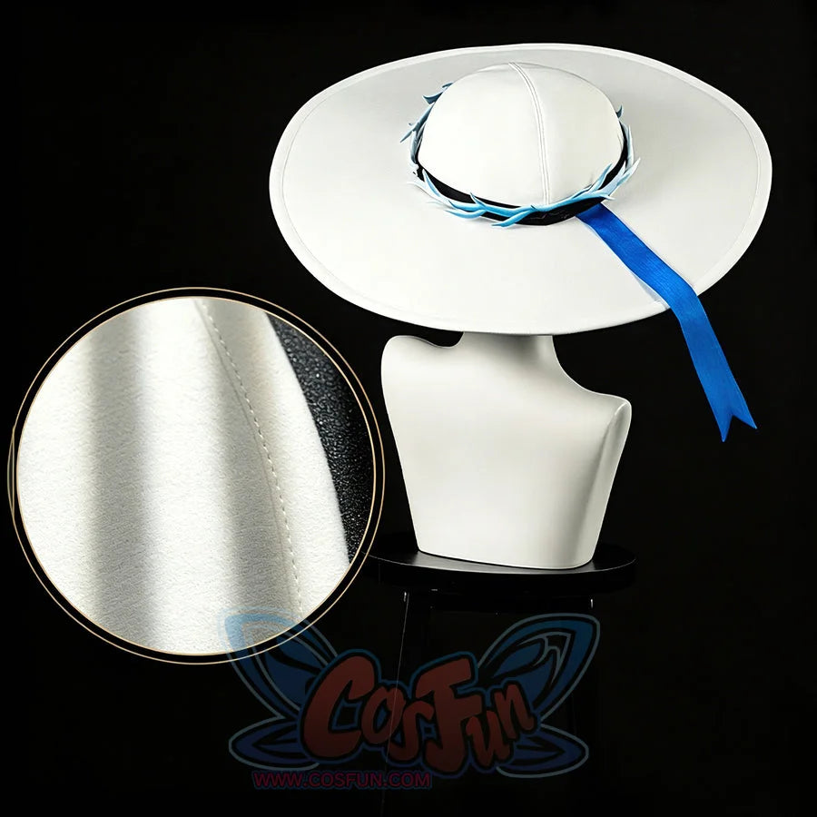 Wuthering Waves Phoebe cosplay hat detail pairs a white brim with a blue ribbon and collar piece.