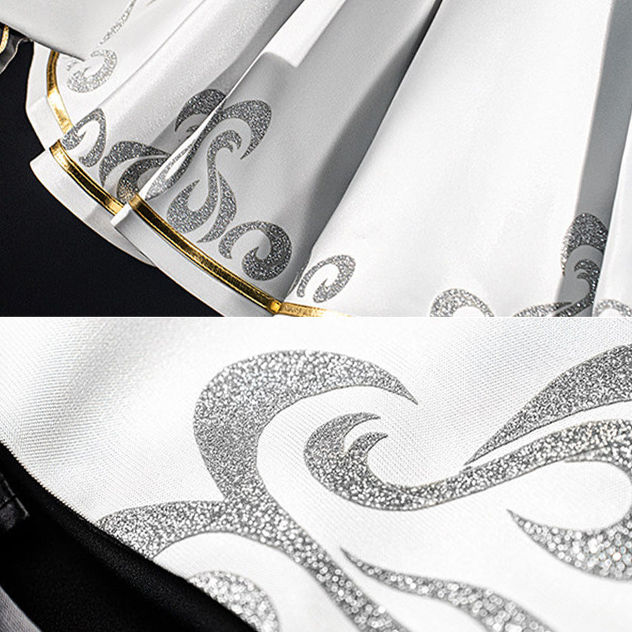 Wuthering Waves Phoebe cosplay skirt hem detail highlights silver scroll patterns along white pleated fabric