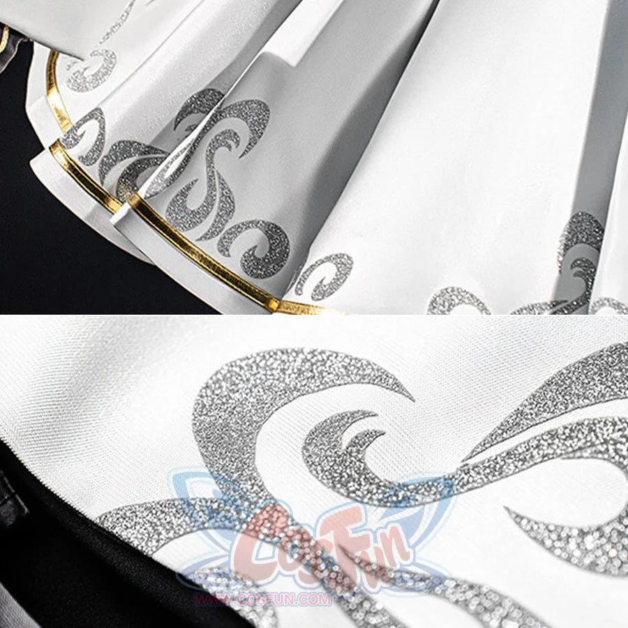 Wuthering Waves Phoebe cosplay skirt hem detail highlights silver scroll patterns along white pleated fabric