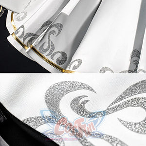 Wuthering Waves Phoebe cosplay skirt hem detail highlights silver scroll patterns along white pleated fabric