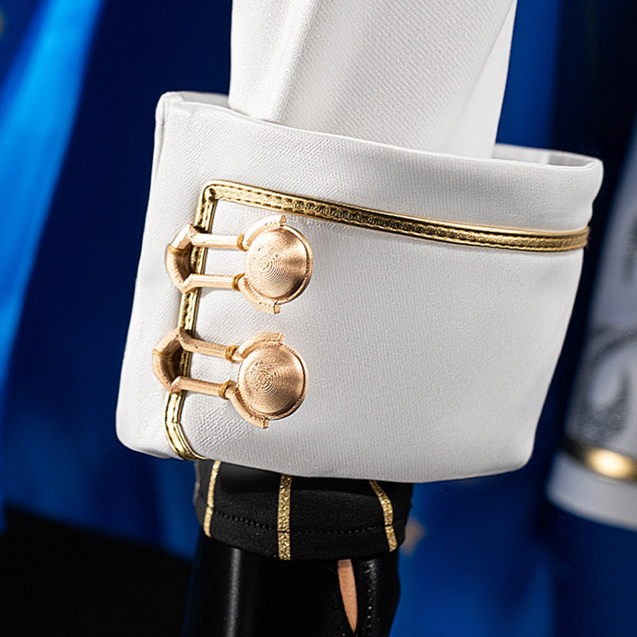 Wuthering Waves Phoebe cosplay sleeve cuff detail sets gold-tone buttons against white fabric and black trim
