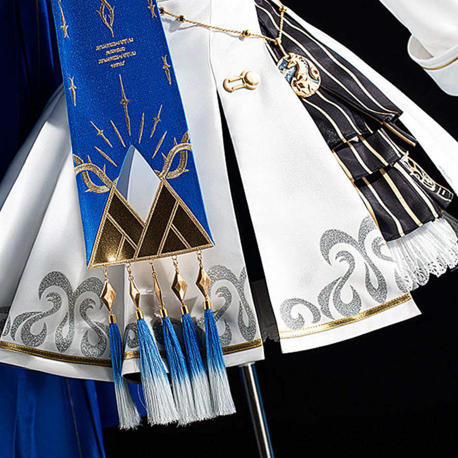 Wuthering Waves Phoebe cosplay waist detail layers blue tassels over white skirt panels and black ribbon trim