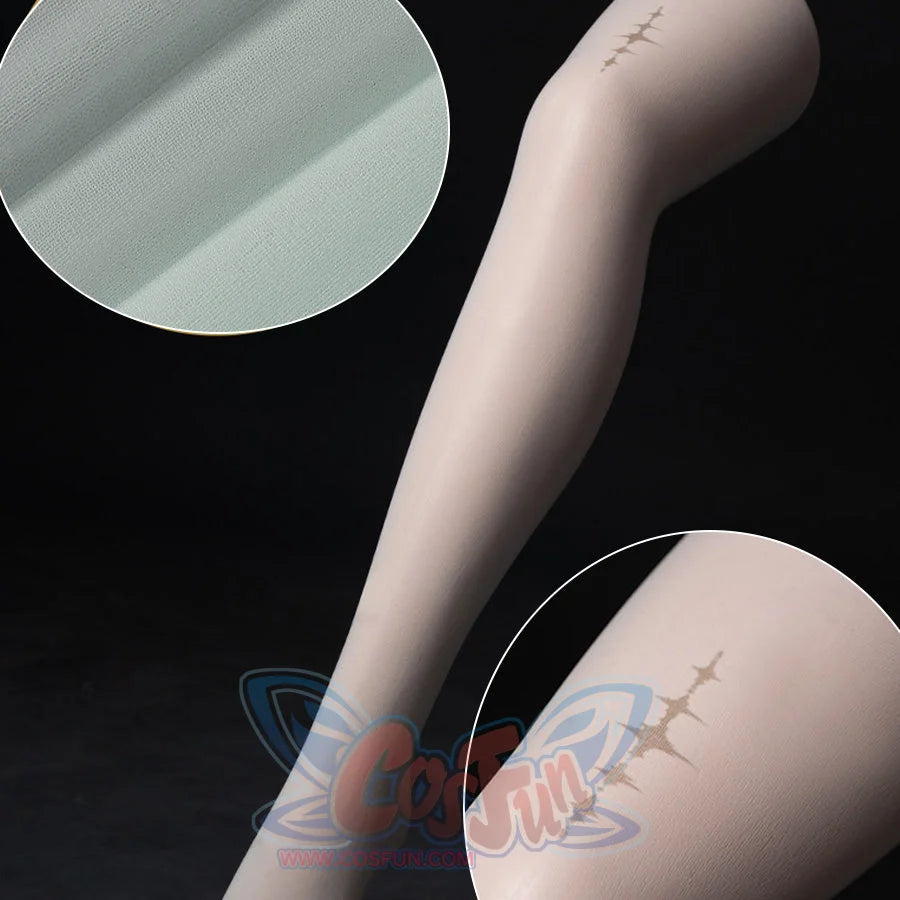 Wuthering Waves Phoebe cosplay stocking detail sets pale fabric texture beside a small gray star motif