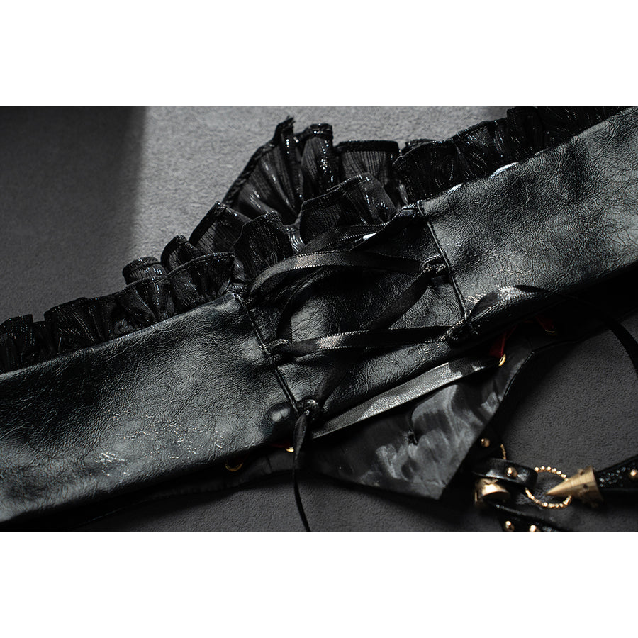 Wuthering Waves Phrolova cosplay back lacing panel flat lay highlights black straps and ruffled trim.