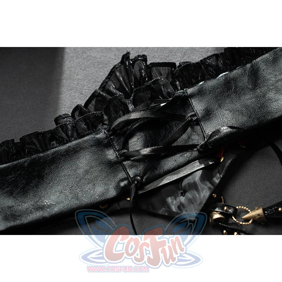Wuthering Waves Phrolova cosplay back lacing panel flat lay highlights black straps and ruffled trim.