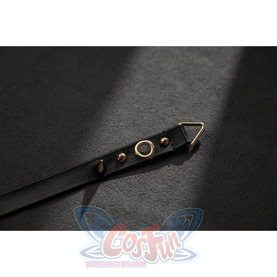Wuthering Waves Phrolova cosplay belt strap detail shows gold-tone eyelets on black faux leather.