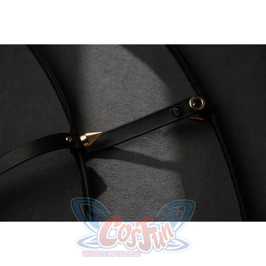 Wuthering Waves Phrolova cosplay black strap detail shows gold-tone rivets and slim faux leather.