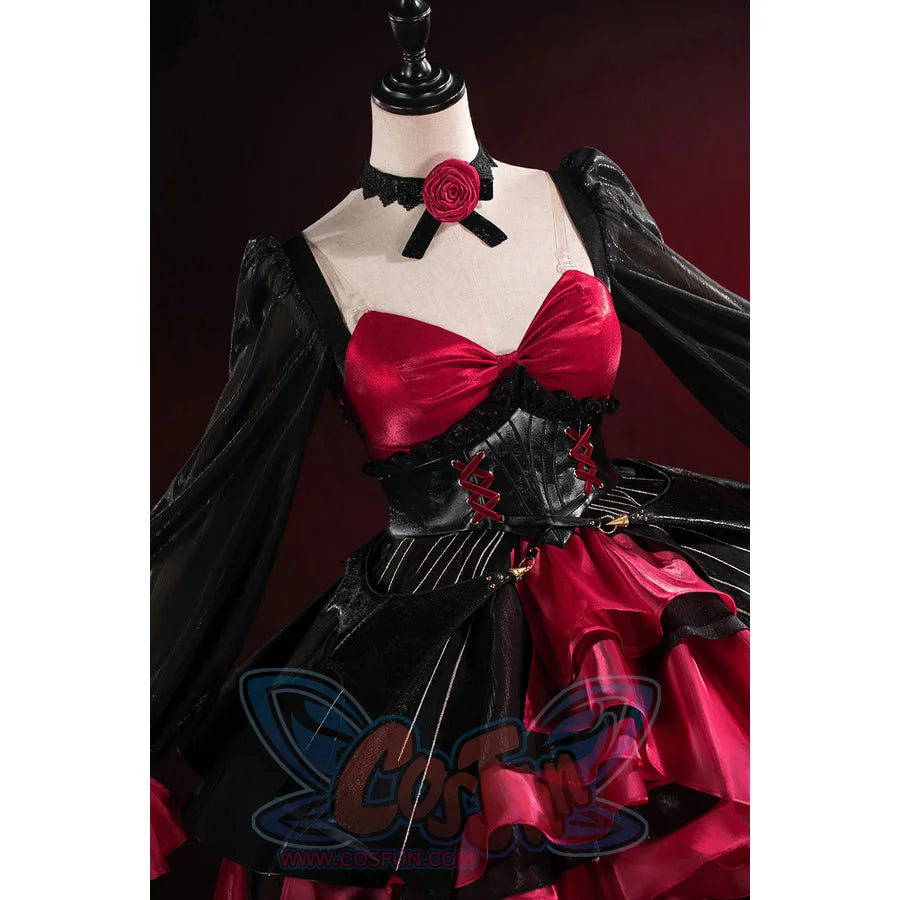 Wuthering Waves Phrolova cosplay bodice detail pairs a red bust panel with black waist armor.