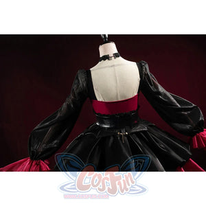 Wuthering Waves Phrolova cosplay costume back detail highlights black sleeves and a red waist panel.