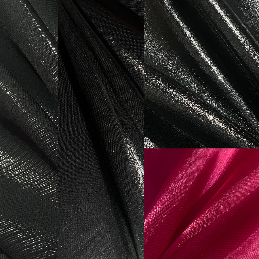 Wuthering Waves Phrolova cosplay material swatches show glossy black fabric and bright red satin.