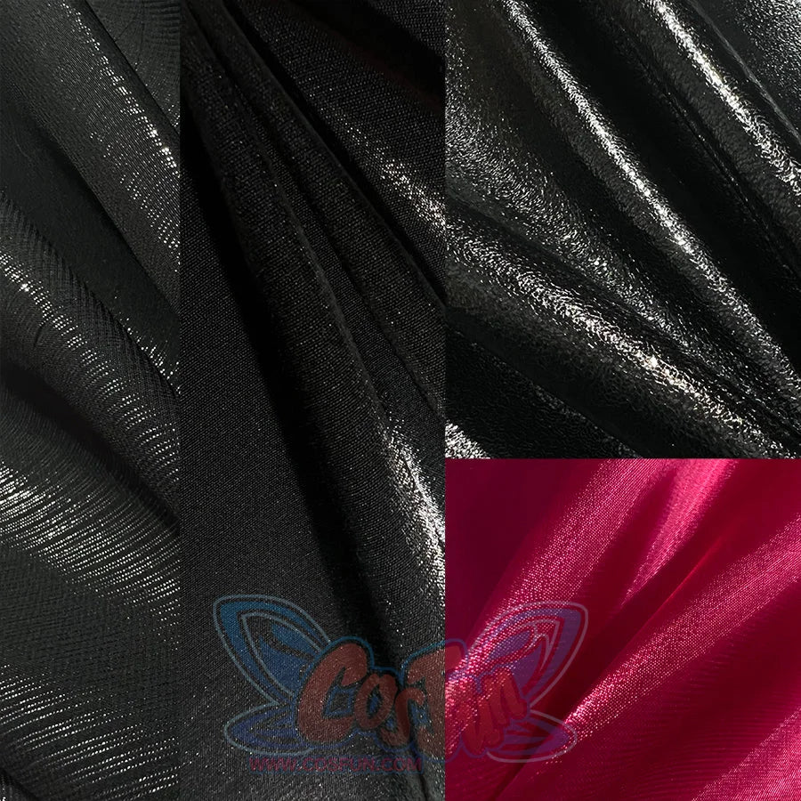 Wuthering Waves Phrolova cosplay material swatches show glossy black fabric and bright red satin.