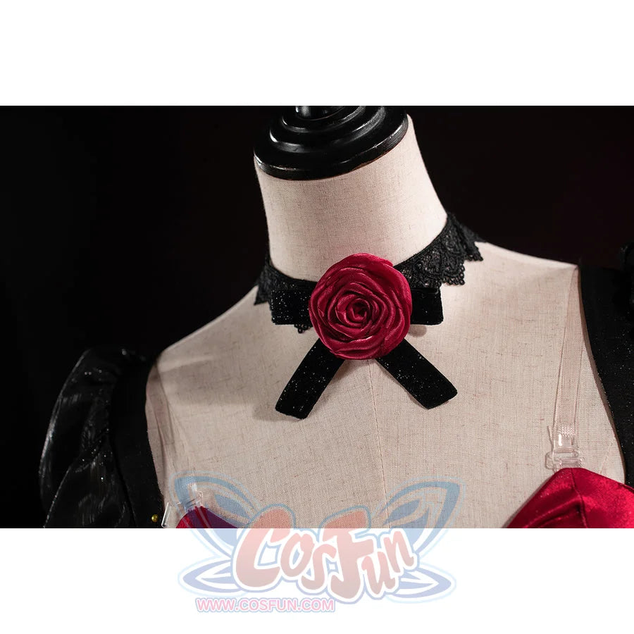 Wuthering Waves Phrolova cosplay collar detail centers a red rose over black straps and lace trim.