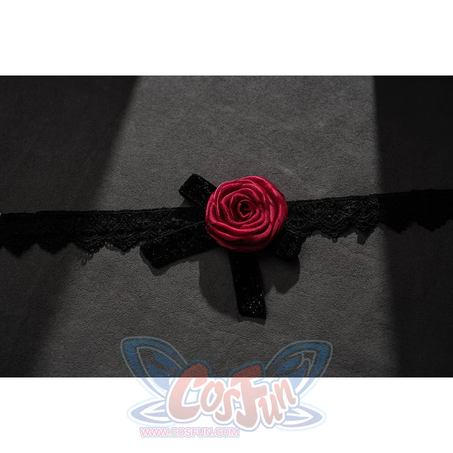 Wuthering Waves Phrolova cosplay rose collar accessory flat lay shows a red flower on black lace trim.