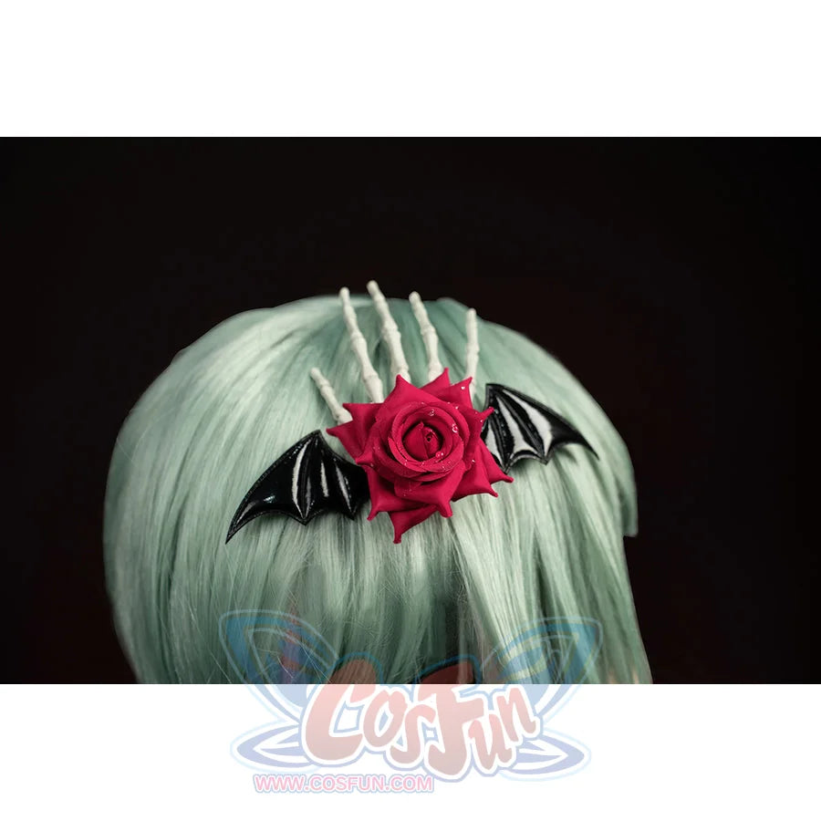 Wuthering Waves Phrolova cosplay rose headpiece close-up frames red petals with silver-tone spikes.