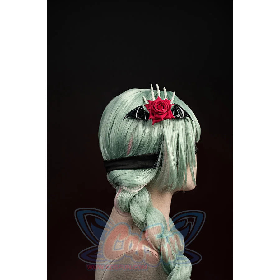 Wuthering Waves Phrolova cosplay rose headpiece detail shows a red flower set beside silver-tone spikes.