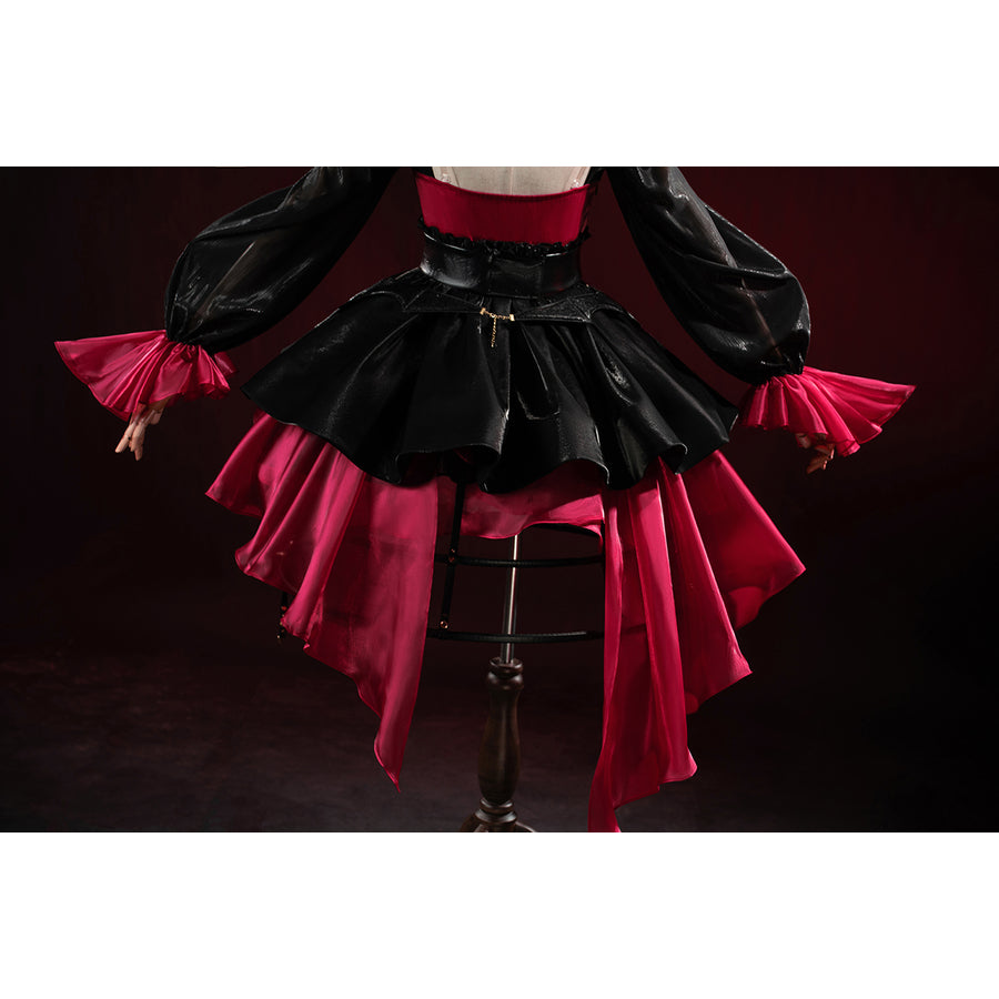 Wuthering Waves Phrolova cosplay skirt back view layers black ruffles over red satin panels.