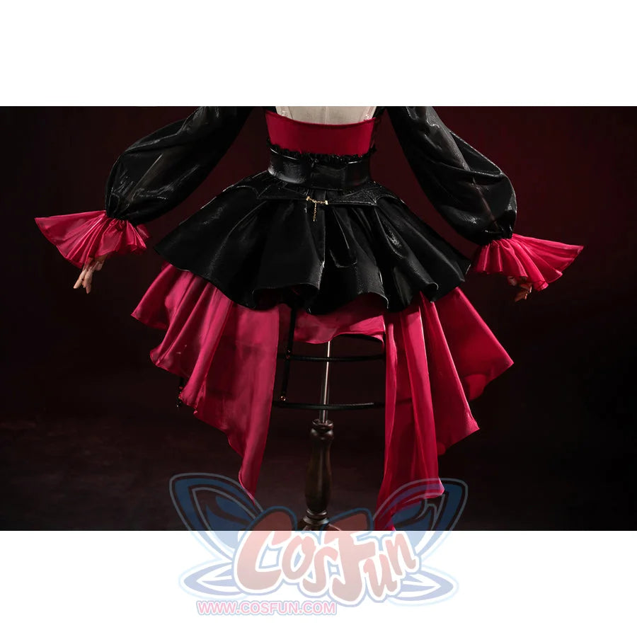 Wuthering Waves Phrolova cosplay skirt back view layers black ruffles over red satin panels.