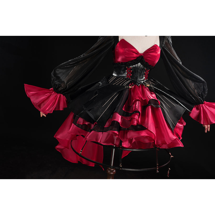 Wuthering Waves Phrolova cosplay costume front detail spreads black cape panels around red skirt tiers.