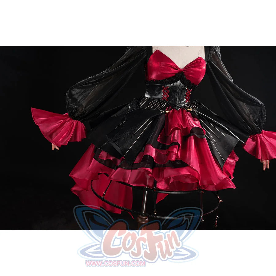Wuthering Waves Phrolova cosplay costume front detail spreads black cape panels around red skirt tiers.
