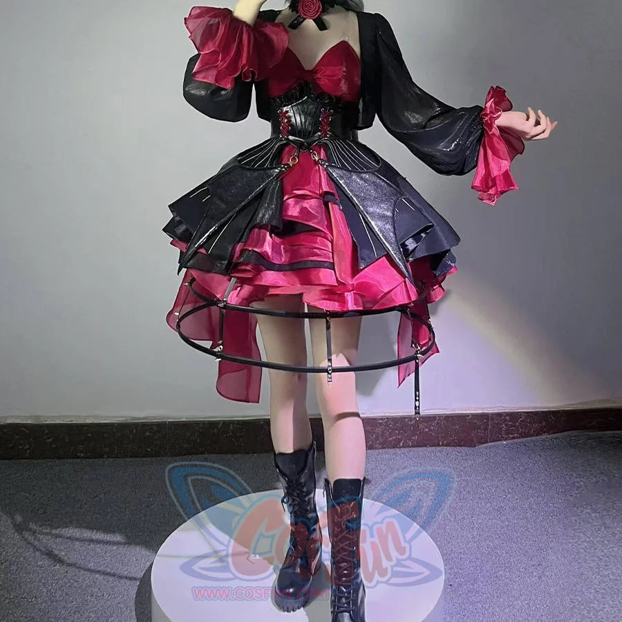 Wuthering Waves Phrolova cosplay costume styled front view frames red skirt tiers beneath a black cape.