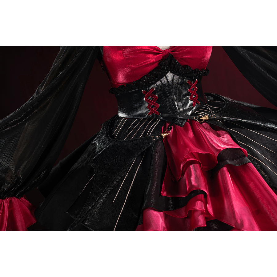 Wuthering Waves Phrolova cosplay waist detail layers red satin under a black structured skirt panel.