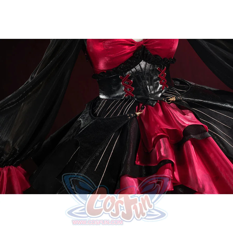 Wuthering Waves Phrolova cosplay waist detail layers red satin under a black structured skirt panel.