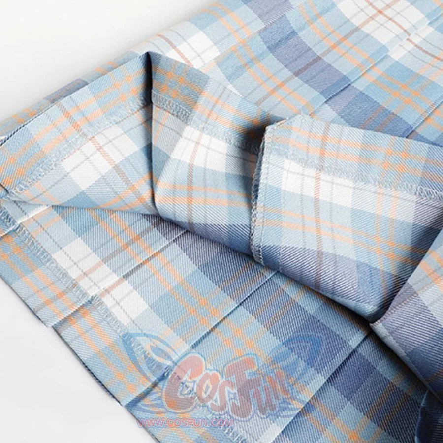 Plaid Jk Uniform A-Line Hight Waist Pleated Skirt Blue / Xs