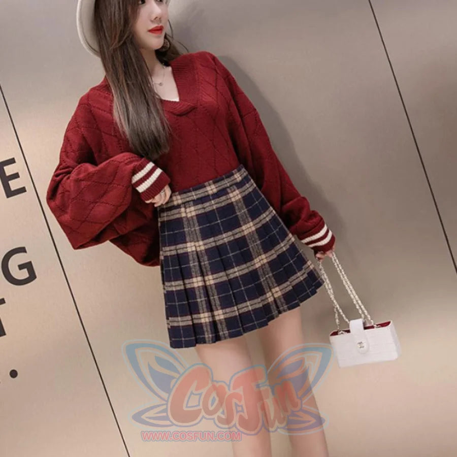 Plaid Uniform A-Line Hight Waist Pleated Skirt Khaki / S