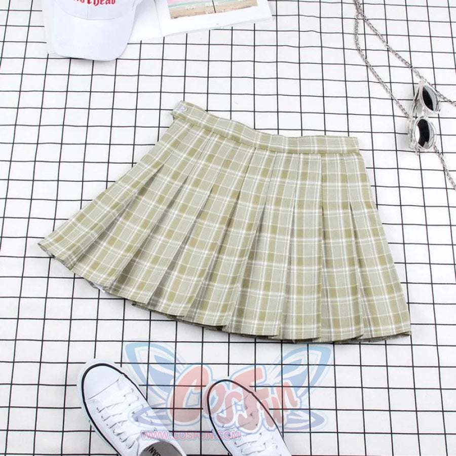 Plaid Uniform A-Line Hight Waist Pleated Skirt C00025 Green / S