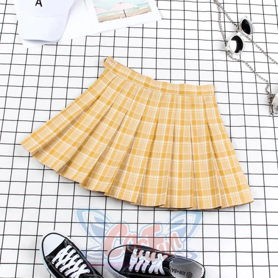 Plaid Uniform A-Line Hight Waist Pleated Skirt C00025 Yellow / S