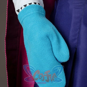 Princess Anna cosplay mitten detail pairs a bright blue fleece glove with the pale blue patterned sleeve.